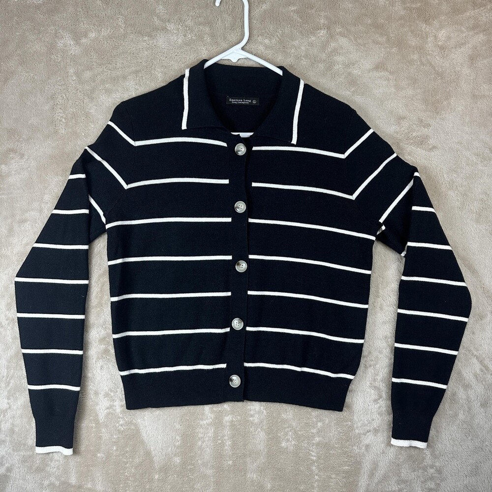 Emerson Lang Sweater Womens Large Black Stripe Collared Button Cardigan Knit